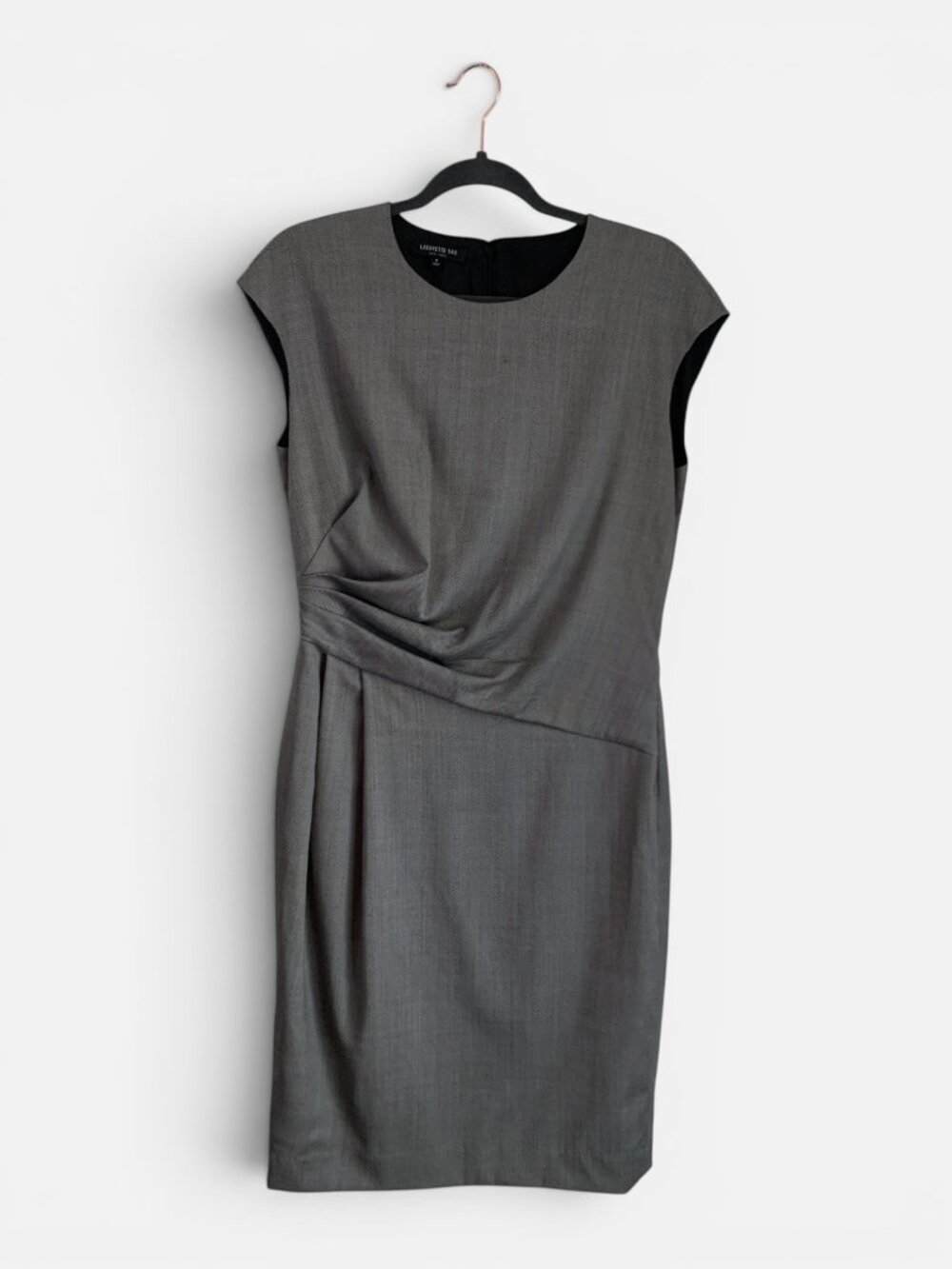 Lafayette 148 New York Virgin Wool Sheath Dress Gray Ruched Waist Career Size 8